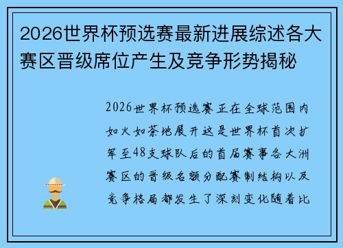 2026世界杯预选赛最新进展综述各大赛区晋级席位产生及竞争形势揭秘