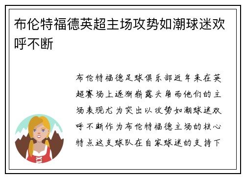 布伦特福德英超主场攻势如潮球迷欢呼不断 布伦特福德英超主场攻势如潮球迷欢呼不断